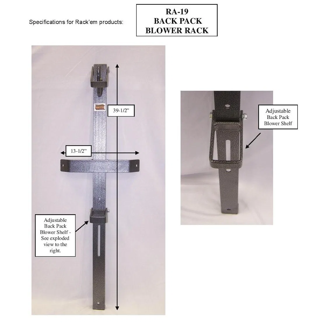 RA-19 – RACK'EM MFG Tool Organizer, Bolt-On Mount To Open Trailer Holds 1 Backpack Blower Black and Gray Steel
